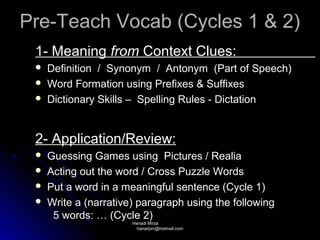 Pre-Teach Vocab (Cycles 1 & 2)
 1- Meaning from Context Clues:
    Definition / Synonym / Antonym (Part of Speech)
    Word Formation using Prefixes & Suffixes
    Dictionary Skills – Spelling Rules - Dictation


 2- Application/Review:
    Guessing Games using Pictures / Realia
    Acting out the word / Cross Puzzle Words
    Put a word in a meaningful sentence (Cycle 1)
    Write a (narrative) paragraph using the following
      5 words: … (Cycle 2)
                       Hanadi Mirza
                        hanadym@hotmail.com
 