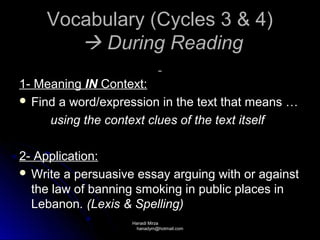 Vocabulary (Cycles 3 & 4)
        During Reading
1- Meaning IN Context:
 Find a word/expression in the text that means …

     using the context clues of the text itself

2- Application:
 Write a persuasive essay arguing with or against
  the law of banning smoking in public places in
  Lebanon. (Lexis & Spelling)
                    Hanadi Mirza
                     hanadym@hotmail.com
 