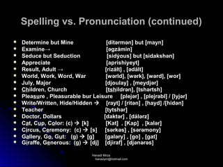 Spelling vs. Pronunciation (continued)
   Determine but Mine               [ditərmən] but [mayn]
   Examine→                         [əgzámin]
   Seduce but Seduction             [sidýous] but [sidakshən]
   Appreciate                       [aprishiyeyt]
   Result, Adult →                 [rizált] , [ədált]
   World, Work, Word, War          [wərld], [wərk], [wərd], [wor]
   July, Major                     [djoulay] , [meydjər]
   Children, Church                [tshildrən], [tshərtsh]
   Pleasure , Pleasurable bur Leisure [plejər] , [plejrəbl] / [lyjər]
   Write/Written, Hide/Hidden  [rayt] / [ritən] , [hayd] /[hidən]
   Teacher                         [tytshər]
   Doctor, Dollars                [daktər] , [dálərz]
   Cat, Cup, Color: (c)  [k]      [Kat] , [Kap] , [kalər]
   Circus, Ceremony: (c)  [s] [sərkəs] , [sərəmony]
   Gallery, Go, Gut: (g)  [g]     [galəry] , [go] , [gat]
   Giraffe, Generous: (g)  [dj] [djiraf] , [djənərəs]

                                Hanadi Mirza
                                 hanadym@hotmail.com
 