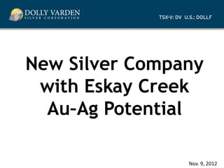DOLLY VARDEN
   SILVER CORPORATION

A Young Silver Company Holds 100% of a
    Major British Columbia Property
 with Eskay Creek Gold-Silver Potential

          November 10, 2012
 