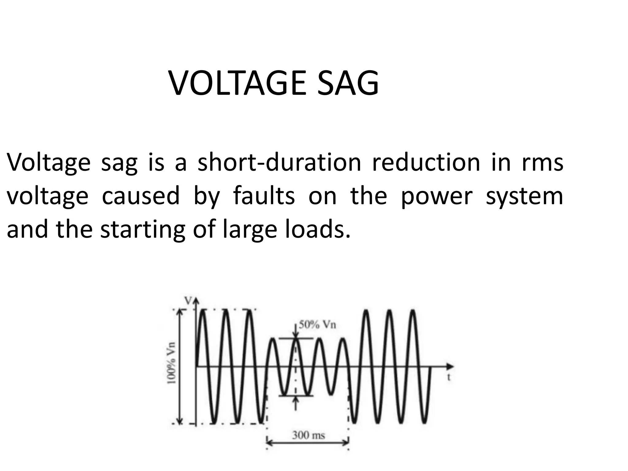 VOLTAGE SAG
Voltage sag is a short-duration reduction in rms
voltage caused by faults on the power system
and the starting of large loads.
 
