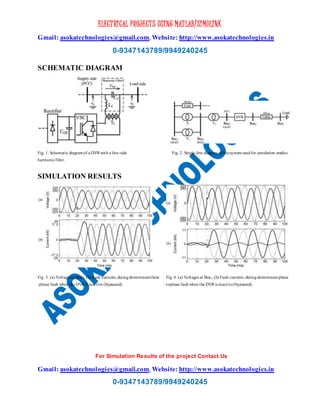 ELECTRICAL PROJECTS USING MATLAB/SIMULINK
Gmail: asokatechnologies@gmail.com, Website: http://www.asokatechnologies.in
0-9347143789/9949240245
For Simulation Results of the project Contact Us
Gmail: asokatechnologies@gmail.com, Website: http://www.asokatechnologies.in
0-9347143789/9949240245
SCHEMATIC DIAGRAM
Fig. 1. Schematic diagramof a DVR with a line-side Fig. 2. Single-line diagram of thesystem usedfor simulation studies.
harmonicfilter.
SIMULATION RESULTS
Fig. 3. (a) Voltages at Bus3. (b) Fault currents, duringdownstreamthree Fig. 4. (a) Voltages at Bus3, (b) Fault currents, duringdownstreamphase
-phase fault when the DVR is inactive (bypassed). –tophase fault when the DVR is inactive(bypassed).
 