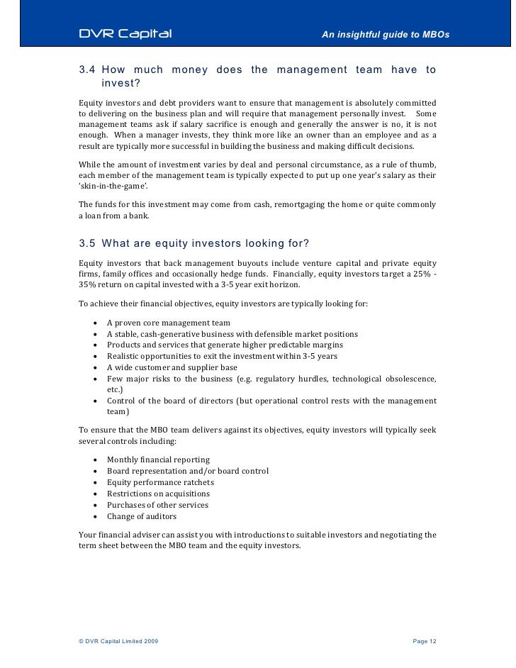 Mbo Guide Turning Executives Into Owners Equity Investors And Debt Providers Want To Ensure That Management Is Absolutely Committed To Delivering On The Business Plan