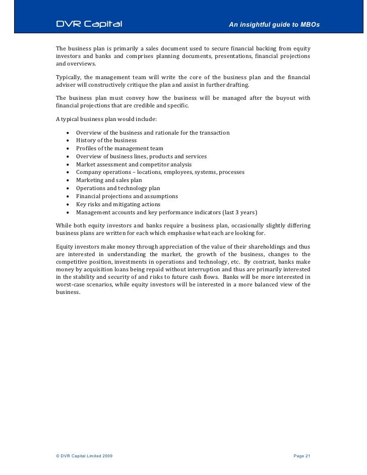 Mbo Guide Turning Executives Into Owners Dvr Capital An Insightful Guide To Mbos The Business Plan Is Primarily A Sales Document Used To Secure Financial Backing From Equity Investors And Banks And