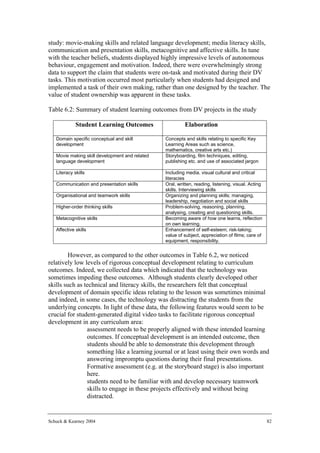 study: movie-making skills and related language development; media literacy skills,
communication and presentation skills, metacognitive and affective skills. In tune
with the teacher beliefs, students displayed highly impressive levels of autonomous
behaviour, engagement and motivation. Indeed, there were overwhelmingly strong
data to support the claim that students were on-task and motivated during their DV
tasks. This motivation occurred most particularly when students had designed and
implemented a task of their own making, rather than one designed by the teacher. The
value of student ownership was apparent in these tasks.

Table 6.2: Summary of student learning outcomes from DV projects in the study

             Student Learning Outcomes                   Elaboration

   Domain specific conceptual and skill         Concepts and skills relating to specific Key
   development                                  Learning Areas such as science,
                                                mathematics, creative arts etc.)
   Movie making skill development and related   Storyboarding, film techniques, editing,
   language development                         publishing etc. and use of associated jargon

   Literacy skills                              Including media, visual cultural and critical
                                                literacies
   Communication and presentation skills        Oral, written, reading, listening, visual. Acting
                                                skills. Interviewing skills
   Organisational and teamwork skills           Organizing and planning skills; managing,
                                                leadership, negotiation and social skills
   Higher-order thinking skills                 Problem-solving, reasoning, planning,
                                                analysing, creating and questioning skills.
   Metacognitive skills                         Becoming aware of how one learns, reflection
                                                on own learning.
   Affective skills                             Enhancement of self-esteem; risk-taking;
                                                value of subject, appreciation of films; care of
                                                equipment, responsibility.


        However, as compared to the other outcomes in Table 6.2, we noticed
relatively low levels of rigorous conceptual development relating to curriculum
outcomes. Indeed, we collected data which indicated that the technology was
sometimes impeding these outcomes. Although students clearly developed other
skills such as technical and literacy skills, the researchers felt that conceptual
development of domain specific ideas relating to the lesson was sometimes minimal
and indeed, in some cases, the technology was distracting the students from the
underlying concepts. In light of these data, the following features would seem to be
crucial for student-generated digital video tasks to facilitate rigorous conceptual
development in any curriculum area:
            • assessment needs to be properly aligned with these intended learning
                outcomes. If conceptual development is an intended outcome, then
                students should be able to demonstrate this development through
                something like a learning journal or at least using their own words and
                answering impromptu questions during their final presentations.
                Formative assessment (e.g. at the storyboard stage) is also important
                here.
            • students need to be familiar with and develop necessary teamwork
                skills to engage in these projects effectively and without being
                distracted.


Schuck & Kearney 2004                                                                               82
 