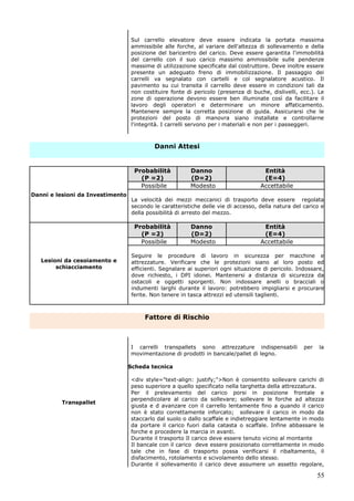 55
Sul carrello elevatore deve essere indicata la portata massima
ammissibile alle forche, al variare dell'altezza di sollevamento e della
posizione del baricentro del carico. Deve essere garantita l'immobilità
del carrello con il suo carico massimo ammissibile sulle pendenze
massime di utilizzazione specificate dal costruttore. Deve inoltre essere
presente un adeguato freno di immobilizzazione. Il passaggio dei
carrelli va segnalato con cartelli e col segnalatore acustico. Il
pavimento su cui transita il carrello deve essere in condizioni tali da
non costituire fonte di pericolo (presenza di buche, dislivelli, ecc.). Le
zone di operazione devono essere ben illuminate così da facilitare il
lavoro degli operatori e determinare un minore affaticamento.
Mantenere sempre la corretta posizione di guida. Assicurarsi che le
protezioni del posto di manovra siano installate e controllarne
l'integrità. I carrelli servono per i materiali e non per i passeggeri.
Danni Attesi
Danni e lesioni da Investimento
Probabilità
(P =2)
Danno
(D=2)
Entità
(E=4)
Possibile Modesto Accettabile
La velocità dei mezzi meccanici di trasporto deve essere regolata
secondo le caratteristiche delle vie di accesso, della natura del carico e
della possibilità di arresto del mezzo.
Lesioni da cesoiamento e
schiacciamento
Probabilità
(P =2)
Danno
(D=2)
Entità
(E=4)
Possibile Modesto Accettabile
Seguire le procedure di lavoro in sicurezza per macchine e
attrezzature. Verificare che le protezioni siano al loro posto ed
efficienti. Segnalare ai superiori ogni situazione di pericolo. Indossare,
dove richiesto, i DPI idonei. Mantenersi a distanza di sicurezza da
ostacoli e oggetti sporgenti. Non indossare anelli o bracciali o
indumenti larghi durante il lavoro: potrebbero impigliarsi e procurare
ferite. Non tenere in tasca attrezzi ed utensili taglienti.
Fattore di Rischio
Transpallet
I carrelli transpallets sono attrezzature indispensabili per la
movimentazione di prodotti in bancale/pallet di legno.
Scheda tecnica
<div style="text-align: justify;">Non è consentito sollevare carichi di
peso superiore a quello specificato nella targhetta della attrezzatura.
Per il prelevamento del carico porsi in posizione frontale e
perpendicolare al carico da sollevare; sollevare le forche ad altezza
giusta e d avanzare con il carrello lentamente fino a quando il carico
non è stato correttamente inforcato; sollevare il carico in modo da
staccarlo dal suolo o dallo scaffale e indietreggiare lentamente in modo
da portare il carico fuori dalla catasta o scaffale. Infine abbassare le
forche e procedere la marcia in avanti.
Durante il trasporto Il carico deve essere tenuto vicino al montante
Il bancale con il carico deve essere posizionato correttamente in modo
tale che in fase di trasporto possa verificarsi il ribaltamento, il
disfacimento, rotolamento e scivolamento dello stesso.
Durante il sollevamento il carico deve assumere un assetto regolare,
 