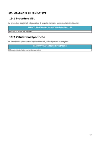 65
19. ALLEGATI INTEGRATIVI
19.1 Procedure SSL
Le procedure gestionali ed operative di seguito elencate, sono riportate in allegato:
ELENCO PROCEDURE GESTIONALI/OPERATIVE
PRGES01 Audit del sistema
19.2 Valutazioni Specifiche
Le valutazioni specifiche di seguito elencate, sono riportate in allegato:
ELENCO VALUTAZIONI SPECIFICHE
Metodo niosh-Sollevamento semplice
 