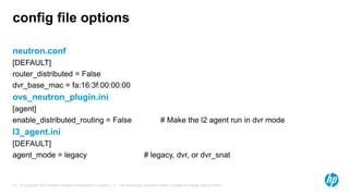 config file options 
neutron.conf 
[DEFAULT] 
router_distributed = False 
dvr_base_mac = fa:16:3f:00:00:00 
ovs_neutron_plugin.ini 
[agent] 
enable_distributed_routing = False # Make the l2 agent run in dvr mode 
l3_agent.ini 
[DEFAULT] 
agent_mode = legacy # legacy, dvr, or dvr_snat 
© Copyright 2012 Hewlett-Packard Development Company, L.P. The information contained herein is subject 10 to change without notice. 
 