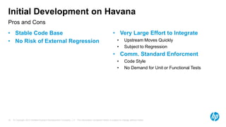 Initial Development on Havana 
Pros and Cons 
• Stable Code Base 
• No Risk of External Regression 
• Very Large Effort to Integrate 
• Upstream Moves Quickly 
• Subject to Regression 
• Comm. Standard Enforcment 
• Code Style 
• No Demand for Unit or Functional Tests 
© Copyright 2012 Hewlett-Packard Development Company, L.P. The information contained herein is subject 18 to change without notice. 
 