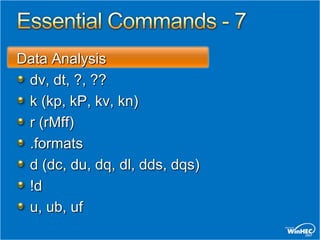 Data Analysis
 dv, dt, ?, ??
 k (kp, kP, kv, kn)
 r (rMff)
 .formats
 d (dc, du, dq, dl, dds, dqs)
 !d
 u, ub, uf
 