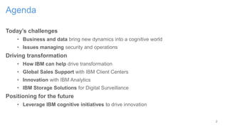 Today’s challenges
• Business and data bring new dynamics into a cognitive world
• Issues managing security and operations
Driving transformation
• How IBM can help drive transformation
• Global Sales Support with IBM Client Centers
• Innovation with IBM Analytics
• IBM Storage Solutions for Digital Surveillance
Positioning for the future
• Leverage IBM cognitive initiatives to drive innovation
Agenda
2
 
