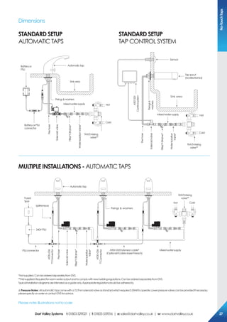 Dimensions
Please note: Illustrations not to scale
No-TouchTaps
B
Automatictap
Sinkarea
Fixings&washers
Batteryor
PSU
BatteryorPSU
connector
Pexhose
Solenoidvalve
Filter/Y-Strainer*
WaterIsolationValve*
TMV3Mixing
valve**
Mixedwatersupply Hot
Cold
B
Sensor
Tapspout
(noelectronics)
AT07-001
Controlsystem
Pexhose
Solenoidvalve
Filter/Y-Strainer*
WaterIsolation
Valve*
TMV3Mixing
valve**
Sink area
Hot
Cold
Fixings&
washers
Mixedwatersupply
MULTipLe iNsTALLATioNs - AUTOMATIC TAPS
B
B
B
Automatictap
Fixings & washers
240VPSU
PSUconnector
Pexhose
AT00-036
'T'Connector
AT00-036
'T'Connector
Solenoidvalve
Filter/Y-Strainer*
WaterIsolation
Valve*
TMV3Mixing
valve**
Splitterlead
AT00-033Extensioncable*
(Optionalifcabledoesn'treach)
Mixedwatersupply
Hot Cold
Fused
Spur
sTANDArD seTUp sTANDArD seTUp
AUTOMATIC TAPS TAP CONTROL SYSTEM
*Notsupplied.CanbeorderedseparatelyfromDVS.
**Notsupplied.Requiredforwarmwateroutputandtocomplywithnewbuildingregulations.CanbeorderedseparatelyfromDVS.
Typicalinstallationdiagramsareintendedasaguideonly.Appropriateregulationsshouldbeadheredto.
!pressure Notes: Allautomatictapscomewitha12.7mmsolenoidvalveasstandardwhichrequires0.5BARtooperate.Lowerpressurevalvescanbeprovidedifnecessary,
pleasespecifyonorderorcontactDVSforadvice.
272727DartValleysystems t:01803529021 | f:01803559016 | e:sales@dartvalley.co.uk | w:www.dartvalley.co.uk
 