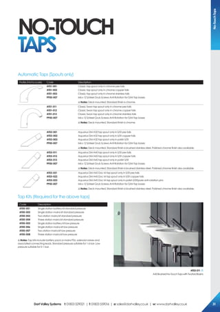 NO-TOUCH
TAPS
AT03-011
A45BrushedNo-TouchTapswithTwyfordBasins
Profile (Not to scale) Code Description
AT01-001
AT01-002
AT01-003
PP00-007
Classic tap spout only in chrome pex tails
Classic tap spout only in chrome copper tails
Classic tap spout only in chrome stainless tails
M6 x 12 S/steel Grub Screws Anti Rotation for D/M Tap bases
!Notes: Deck mounted. Standard finish is chrome.
AT01-011
AT01-012
AT01-013
PP00-007
Classic Swan tap spout only in chrome pex tails
Classic Swan tap spout only in chrome copper tails
Classic Swan tap spout only in chrome stainless tails
M6 x 12 S/steel Grub Screws Anti Rotation for D/M Tap bases
!Notes: Deck mounted. Standard finish is chrome.
AT03-001
AT03-002
AT03-003
PP00-007
Aquarius DM A32 tap spout only in S/St pex tails
Aquarius DM A32 tap spout only in S/St copper tails
Aquarius DM A32 tap spout only in polish S/St
M6 x 12 S/steel Grub Screws Anti Rotation for D/M Tap bases
!Notes: Deck mounted. Standard finish is brushed stainless steel. Polished chrome finish also available.
AT03-011
AT03-012
AT03-013
PP00-007
Aquarius DM A45 tap spout only in S/St pex tails
Aquarius DM A45 tap spout only in S/St copper tails
Aquarius DM A45 tap spout only in polish S/St
M6 x 12 S/steel Grub Screws Anti Rotation for D/M Tap bases
!Notes: Deck mounted. Standard finish is brushed stainless steel. Polished chrome finish also available.
AT03-021
AT03-022
AT03-023
PP00-007
Aquarius DM A45 Doc M tap spout only in S/St pex tails
Aquarius DM A45 Doc M tap spout only in S/St copper tails
Aquarius DM A45 Doc M tap spout only in polish S/StSpare anti-rotation pins
M6 x 12 S/steel Grub Screws Anti Rotation for D/M Tap bases
!Notes: Deck mounted. Standard finish is brushed stainless steel. Polished chrome finish also available.
Code Description
AT00-001
AT00-002
AT00-003
AT00-004
AT00-005
AT00-006
AT00-007
AT00-008
Single station battery kit standard pressure
Single station mains kit standard pressure
Two station mains kit standard pressure
Three station mains kit standard pressure
Single station battery kit low pressure
Single station mains kit low pressure
Two station mains kit low pressure
Three station mains kit low pressure
Automatic Taps (Spouts only)
Tap Kits (Required for the above taps)
!Notes: Tap kits include battery pack or mains PSU, solenoid valves and
associated connecting leads. Standard pressure suitable for 1-6 bar. Low
pressure suitable for 0-1 bar.
No-TouchTaps
DartValleySystems t:01803529021 | f:01803559016 | e:sales@dartvalley.co.uk | w:www.dartvalley.co.uk 31
 
