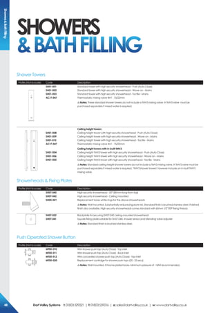 Profile (Not to scale) Code Description
SH01-001
SH01-002
SH01-003
AC17-047
Standard tower with high security showerhead - Push (Auto Close)
Standard tower with high security showerhead - Wave-on - Mains
Standard tower with high security showerhead - Tactile - Mains
Thermostatic mixing valve 4in1 - 15/22mm
!Notes: These standard shower towers do not include a TMV3 mixing valve. A TMV3 valve must be
purchased separately if mixed water is required.
SH01-008
SH01-009
SH01-010
AC17-047
SH01-004
SH01-006
SH01-005
Ceiling height towers
Ceiling height tower with high security showerhead - Push (Auto Close)
Ceiling height tower with high security showerhead - Wave-on - Mains
Ceiling height tower with high security showerhead - Tactile - Mains
Thermostatic mixing valve 4in1 - 15/22mm
Ceiling height towers with in-built TMV3
Ceiling height TMV3 tower with high security showerhead - Push (Auto Close)
Ceiling height TMV3 tower with high security showerhead - Wave-on - Mains
Ceiling height TMV3 tower with high security showerhead - Tactile - Mains
!Notes: Standard ceiling height shower towers do not include a TMV3 mixing valve. A TMV3 valve must be
purchased separately if mixed water is required. ‘TMV3 shower towers’ however include an in-built TMV3
mixing valve.
Profile (Not to scale) Code Description
SH07-040
SH07-042
SH00-021
High security showerhead - 30° (80mm long from top)
High security showerhead - Ceiling mounted
Replacement loose white rings for the above showerheads
!Notes: Wall mounted. Substantially reduced ligature risk. Standard finish is brushed stainless steel. Polished
finish also available. High security showerheads come standard with 60mm 1/2 BSP fixing thread.
A B
SH07-052
SH07-041	
Backplate for securing SH07-042 ceiling mounted showerhead
Square fixing plate suitable for SH07-040, shower sensor and blending valve adjuster
!Notes: Standard finish is brushed stainless steel.
Profile (Not to scale) Code Description
MT00-010
MT00-011
MT00-012
MT00-020
WM shower push tap (Auto Close) - Top inlet
WM shower push tap (Auto Close) - Back inlet
WM concealed shower push tap (Auto Close) - Top inlet
Replacement cartridge for shower push taps (20 - 25 secs)
!Notes: Wall mounted. Chrome plated brass. Minimum pressure of 1 BAR recommended.
Shower Towers
Showerheads  Fixing Plates
Push Operated Shower Button
SHOWERS
bathfilling
ShowersBathFilling
DartValleySystems t:01803529021 | f:01803559016 | e:sales@dartvalley.co.uk | w:www.dartvalley.co.uk48
 