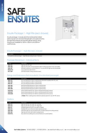 SAFE
ENSUITES
Description
Complete ensuite package 1 - High Risk (excluding shower) - Standard
Code Description
VR01-010
VR01-005
VR01-007
WC02-014
AC17-047
High security WC pan
High security basin and backplate kit with in-built spouts (warm and cold water)
Standard washroom control system kit - For use with DVS high security backplates
Concealed tall cistern kit (2”)
DVS thermostatic mixing valve (for basin)
Code Description
VR01-013
VR01-014
VR01-011
VR01-012
VR01-004
VR01-025
AC04-016
High security WC pan side in-fill - Left side
High security WC pan side in-fill - Right side
Disabled high security WC pan (60mm higher)
Disabled WC pan white enameled steel spacer box
Extended high security backplate with moulded shelf (not including sensors)
High security mirror with white moulded frame
Key switch for re-setting lock-outs (for Washroom Control System)
Code Description
VR01-019
VR01-020
VR01-021
WC pan fixing kit for 100mm wall thickness (standard supplied with WC pan)
WC pan fixing kit for 150mm wall thickness
WC pan fixing kit for 250mm wall thickness
VR01-006
VR01-007
VR01-008
Basin/backplate fixing kit for 100mm wall thickness
Basin/backplate fixing kit for 150mm wall thickness
Basin/backplate fixing kit for 250mm wall thickness
AC02-056
AC02-057
AC02-058
Sensor thread extension for 100mm wall thickness (for WC sensor)
Sensor thread extension for 150mm wall thickness (for WC sensor)
Sensor thread extension for 250mm wall thickness (for WC sensor)
!Notes: When ordering sensor extensions please specify for use with WC sensor.
Ensuite Package 1 - High Risk (excl. shower)
Package Breakdown - Individual Items
Options
Fixings and Extensions (Not included in the standard package)
Ensuite Package 1 - High Risk (excl. shower)
Ensuite package 1 includes all of the individual items listed
below except non-standard fixing lengths and optional extras.
If longer fixing threads are required please specify. Fixing
threads are available for 150mm, 200mm and 300mm
wall thickness.
SafeEnsuites
76 DartValleySystems t:01803529021 | f:01803559016 | e:sales@dartvalley.co.uk | w:www.dartvalley.co.uk
 