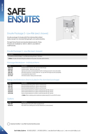 Dashed Outline = Low Risk Twyford Sanitaryware
SAFE
ENSUITES
Description
Complete ensuite package 3 - Low Risk (excluding shower) - Standard
!Notes: Includes standard fixing kits suitable for IPS panels. Excludes optional extras.
Code Description
SW00-002
SW00-001
VR01-005
VR07-007
WC02-014
AC17-047
Twyford Avalon ceramic WC pan (Includes fixings)
Twyford Avalon - Seat and cover only
High security basin and backplate kit with in-built spouts (warm and cold water)
Standard washroom control system kit - For use with DVS high security backplates
Concealed tall cistern kit (2”)
DVS thermostatic mixing valve (for basin)
Code Description
VR01-025
AC04-016
High security mirror with white moulded frame
Key switch for re-setting lock-outs (for Washroom Control System)
Code Description
VR01-006
VR01-007
VR01-008
Basin/backplate fixing kit for 100mm wall thickness
Basin/backplate fixing kit for 150mm wall thickness
Basin/backplate fixing kit for 250mm wall thickness
AC02-056
AC02-057
AC02-058
Sensor thread extension for 100mm wall thickness (for WC sensor)
Sensor thread extension for 150mm wall thickness (for WC sensor)
Sensor thread extension for 250mm wall thickness (for WC sensor)
!Notes: When ordering sensor extensions please specify for use with WC sensor.
Ensuite Package 3 - Low Risk (excl. shower)
Package Breakdown - Individual Items
Options
Fixings and Extensions (Not included in the standard package)
Ensuite Package 3 - Low Risk (excl. shower)
Ensuite package 3 includes all of the individual items listed
below except non-standard fixing lengths and optional extras.
If longer fixing threads are required please specify. Fixing
threads are available for 150mm, 200mm and 300mm
wall thickness.
SafeEnsuites
78 DartValleySystems t:01803529021 | f:01803559016 | e:sales@dartvalley.co.uk | w:www.dartvalley.co.uk
 