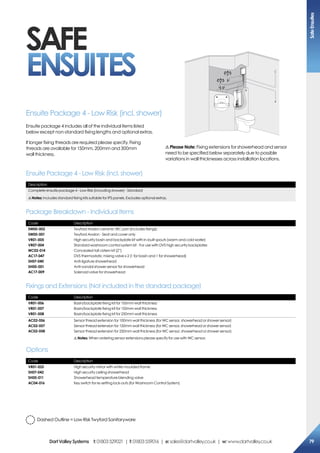 Code Description
SW00-002
SW00-001
VR01-005
VR07-004
WC02-014
AC17-047
SH07-040
SH00-001
AC17-009
Twyford Avalon ceramic WC pan (Includes fixings)
Twyford Avalon - Seat and cover only
High security basin and backplate kit with in-built spouts (warm and cold water)
Standard washroom control system kit - For use with DVS high security backplates
Concealed tall cistern kit (2”)
DVS thermostatic mixing valve x 2 (1 for basin and 1 for showerhead)
Anti-ligature showerhead
Anti-vandal shower sensor for showerhead
Solenoid valve for showerhead
Package Breakdown - Individual Items
Code Description
VR01-025
SH07-042
SH00-011
AC04-016
High security mirror with white moulded frame
High security ceiling showerhead
Showerhead temperature blending valve
Key switch for re-setting lock-outs (for Washroom Control System)
Code Description
VR01-006
VR01-007
VR01-008
Basin/backplate fixing kit for 100mm wall thickness
Basin/backplate fixing kit for 150mm wall thickness
Basin/backplate fixing kit for 250mm wall thickness
AC02-056
AC02-057
AC02-058
Sensor thread extension for 100mm wall thickness (for WC sensor, showerhead or shower sensor)
Sensor thread extension for 150mm wall thickness (for WC sensor, showerhead or shower sensor)
Sensor thread extension for 250mm wall thickness (for WC sensor, showerhead or shower sensor)
!Notes: When ordering sensor extensions please specify for use with WC sensor.
Options
Fixings and Extensions (Not included in the standard package)
Ensuite Package 4 - Low Risk (incl. shower)
Ensuite package 4 includes all of the individual items listed
below except non-standard fixing lengths and optional extras.
If longer fixing threads are required please specify. Fixing
threads are available for 150mm, 200mm and 300mm
wall thickness.
Description
Complete ensuite package 4 - Low Risk (including shower) - Standard
!Notes: Includes standard fixing kits suitable for IPS panels. Excludes optional extras.
Ensuite Package 4 - Low Risk (incl. shower)
! Please Note: Fixing extensions for showerhead and sensor
need to be specified below separately due to possible
variations in wall thicknesses across installation locations.
SAFE
ENSUITES
Dashed Outline = Low Risk Twyford Sanitaryware
SafeEnsuites
79DartValleySystems t:01803529021 | f:01803559016 | e:sales@dartvalley.co.uk | w:www.dartvalley.co.uk
 