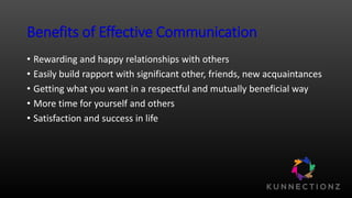 Benefits of Effective Communication
• Rewarding and happy relationships with others
• Easily build rapport with significant other, friends, new acquaintances
• Getting what you want in a respectful and mutually beneficial way
• More time for yourself and others
• Satisfaction and success in life
 
