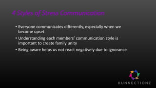 4 Styles of Stress Communication
• Everyone communicates differently, especially when we
become upset
• Understanding each members’ communication style is
important to create family unity
• Being aware helps us not react negatively due to ignorance
 