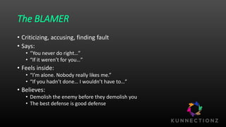 The BLAMER
• Criticizing, accusing, finding fault
• Says:
• “You never do right…”
• “If it weren’t for you…”
• Feels inside:
• “I’m alone. Nobody really likes me.”
• “If you hadn’t done… I wouldn’t have to…”
• Believes:
• Demolish the enemy before they demolish you
• The best defense is good defense
 