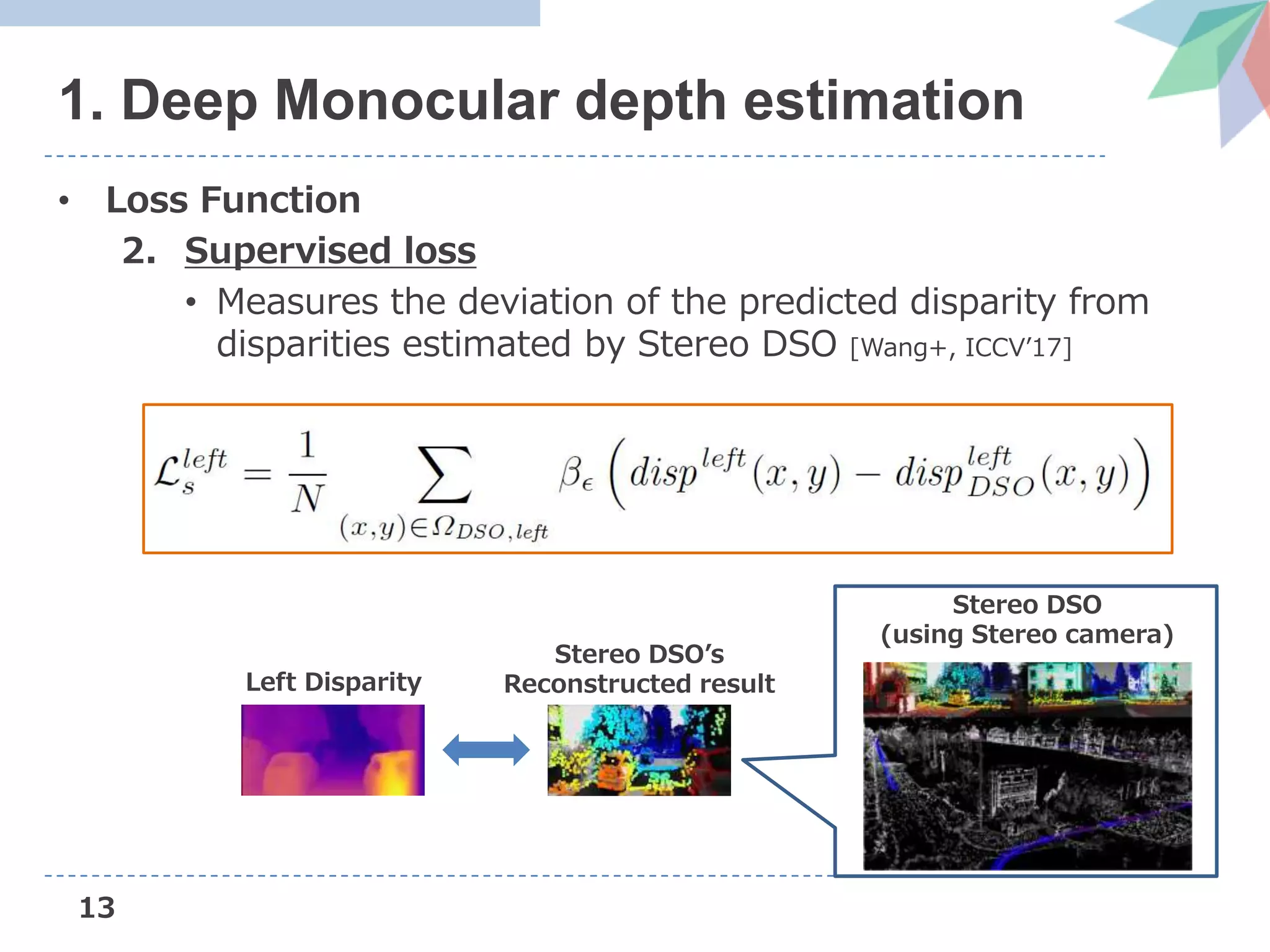 13
1. Deep Monocular depth estimation
• Loss Function
2. Supervised loss
• Measures the deviation of the predicted disparity from
disparities estimated by Stereo DSO [Wang+, ICCV’17]
Left Disparity
Stereo DSO’s
Reconstructed result
Stereo DSO
(using Stereo camera)
 