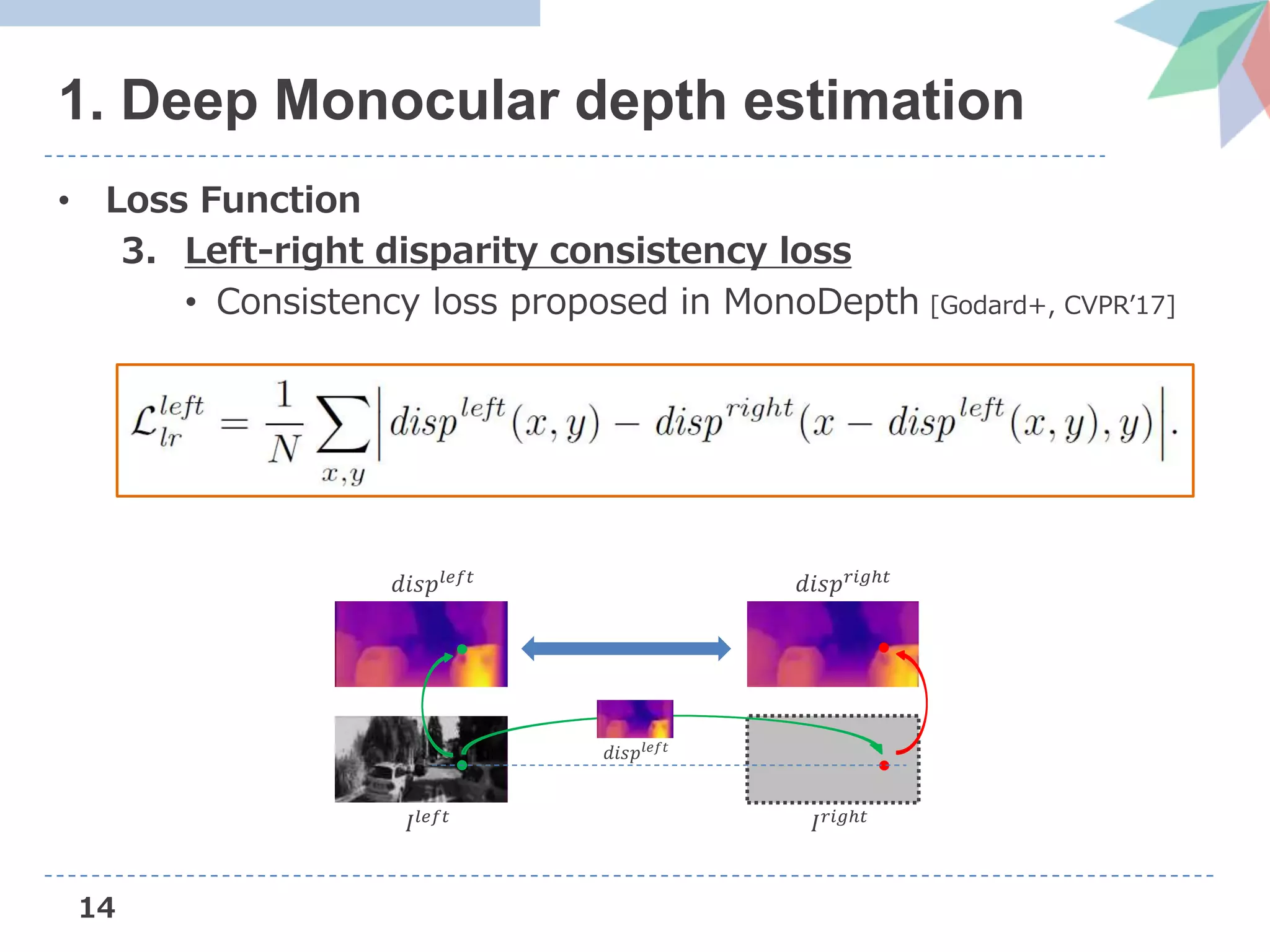 14
1. Deep Monocular depth estimation
• Loss Function
3. Left-right disparity consistency loss
• Consistency loss proposed in MonoDepth [Godard+, CVPR’17]
𝐼𝑙𝑒𝑓𝑡
𝑑𝑖𝑠𝑝𝑙𝑒𝑓𝑡 𝑑𝑖𝑠𝑝 𝑟𝑖𝑔ℎ𝑡
𝐼 𝑟𝑖𝑔ℎ𝑡
𝑑𝑖𝑠𝑝𝑙𝑒𝑓𝑡
 