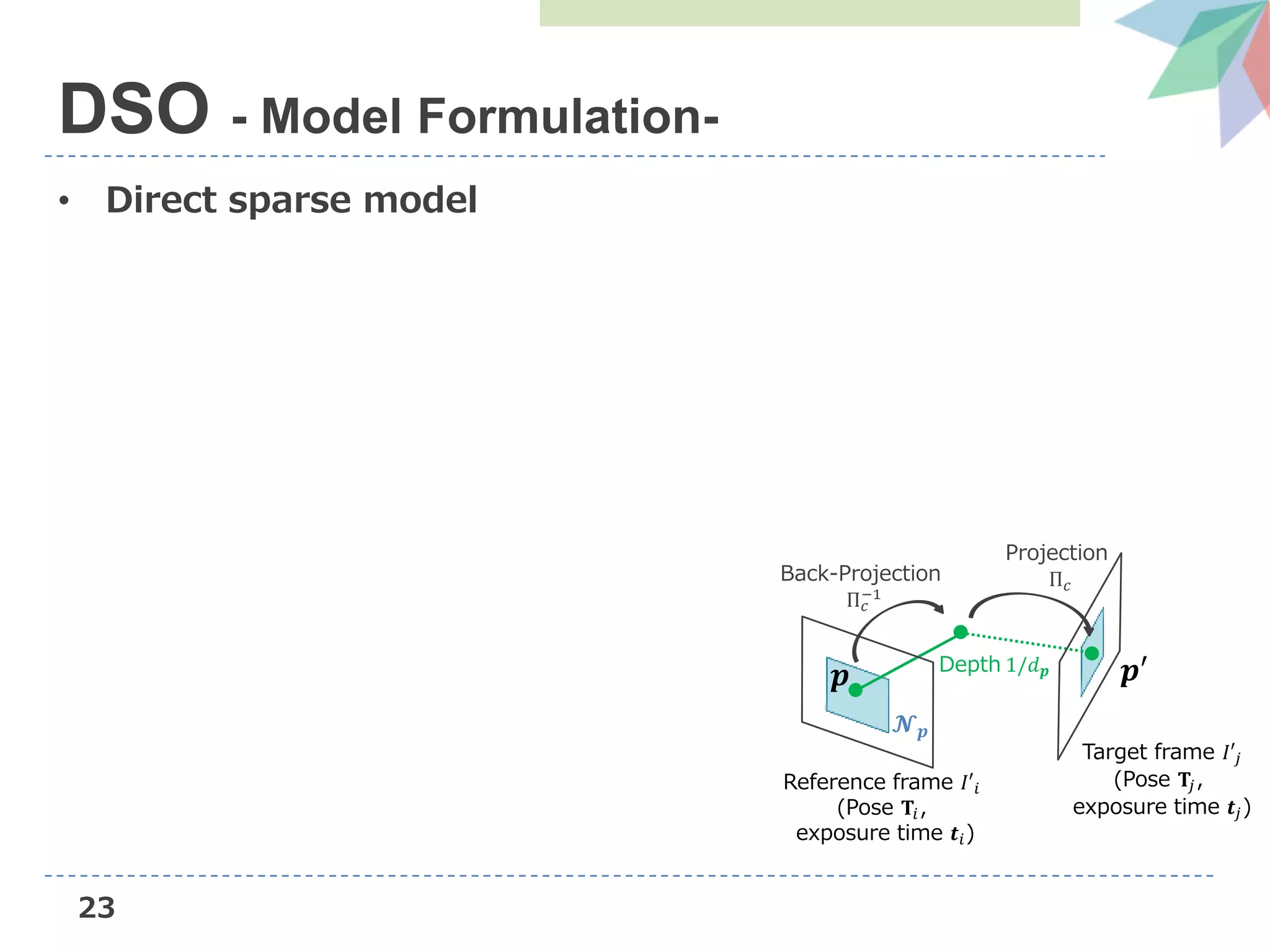 23
• Direct sparse model
DSO - Model Formulation-
Target frame 𝐼′𝑗
(Pose 𝐓𝑗,
exposure time 𝒕𝑗)
𝒑
𝓝 𝒑
𝒑′Depth 1/𝑑 𝒑
Back-Projection
Π 𝑐
−1
Projection
Π 𝑐
Reference frame 𝐼′𝑖
(Pose 𝐓𝑖,
exposure time 𝒕𝑖)
 