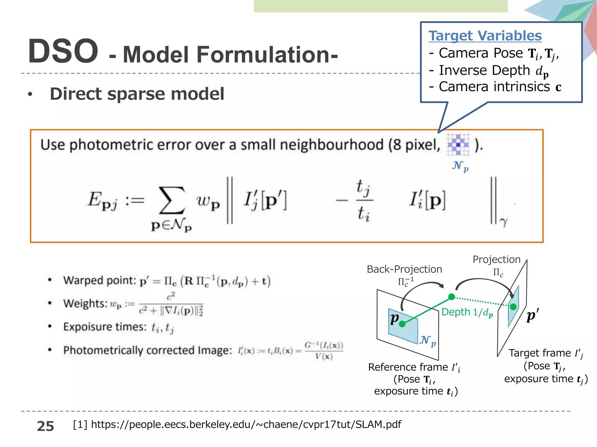 25
• Direct sparse model
DSO - Model Formulation-
Target frame 𝐼′𝑗
(Pose 𝐓𝑗,
exposure time 𝒕𝑗)
𝒑
𝓝 𝒑
𝒑′Depth 1/𝑑 𝒑
Back-Projection
Π 𝑐
−1
Projection
Π 𝑐
Reference frame 𝐼′𝑖
(Pose 𝐓𝑖,
exposure time 𝒕𝑖)
𝓝 𝒑
Target Variables
- Camera Pose 𝐓𝑖, 𝐓𝑗,
- Inverse Depth 𝑑 𝐩
- Camera intrinsics 𝐜
[1] https://people.eecs.berkeley.edu/~chaene/cvpr17tut/SLAM.pdf
 