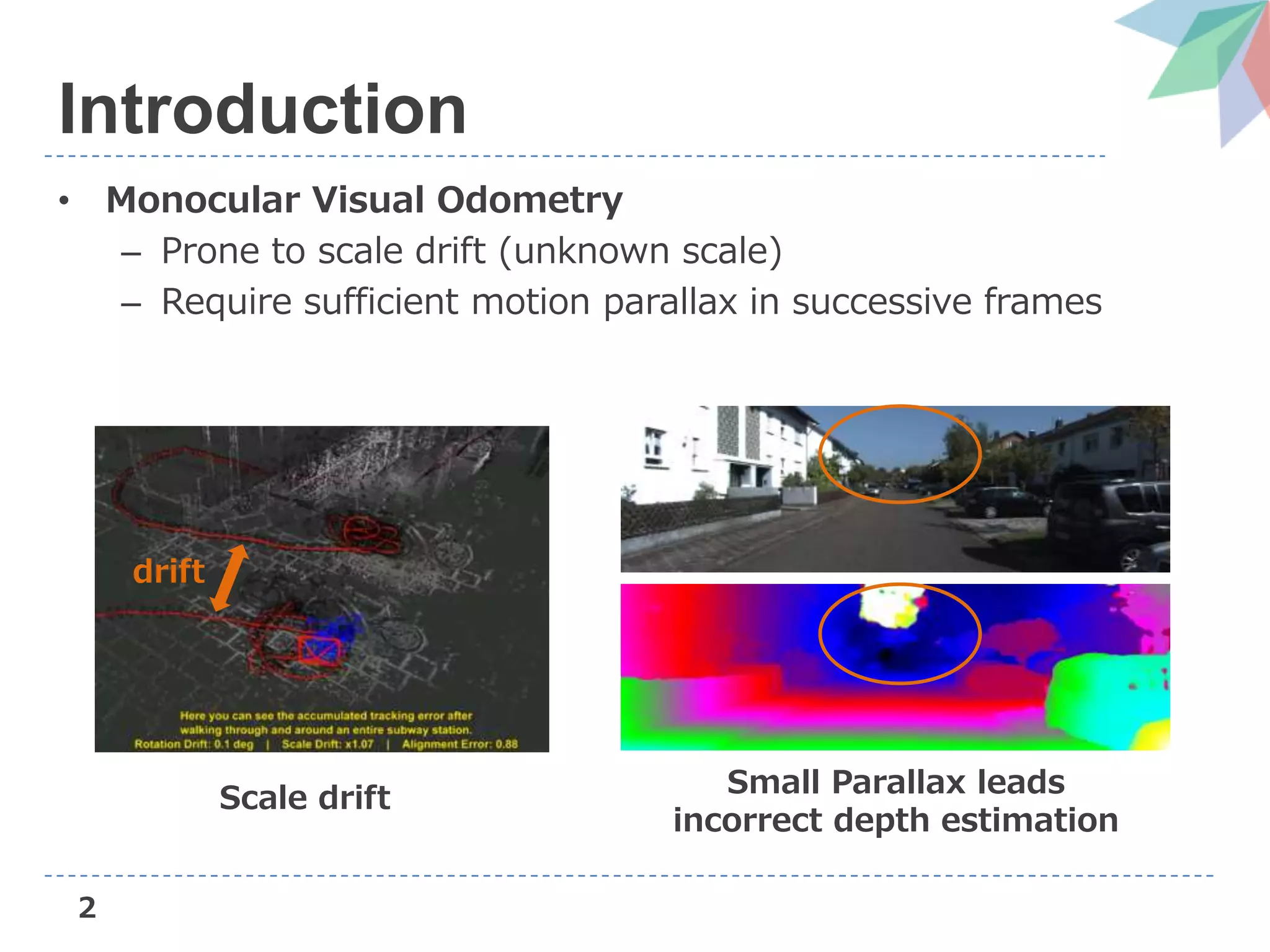 2
Introduction
• Monocular Visual Odometry
– Prone to scale drift (unknown scale)
– Require sufficient motion parallax in successive frames
Scale drift Small Parallax leads
incorrect depth estimation
drift
 
