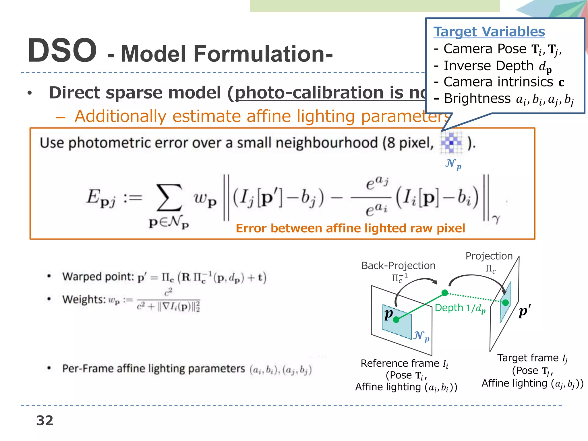 32
• Direct sparse model (photo-calibration is not available)
– Additionally estimate affine lighting parameters
DSO - Model Formulation-
Reference frame 𝐼𝑖
(Pose 𝐓𝑖,
Affine lighting (𝑎𝑖, 𝑏𝑖))
Target frame 𝐼𝑗
(Pose 𝐓𝑗,
Affine lighting (𝑎𝑗, 𝑏𝑗))
𝒑
𝓝 𝒑
𝒑′Depth 1/𝑑 𝒑
Back-Projection
Π 𝑐
−1
Projection
Π 𝑐
𝓝 𝒑
Error between affine lighted raw pixel
Target Variables
- Camera Pose 𝐓𝑖, 𝐓𝑗,
- Inverse Depth 𝑑 𝐩
- Camera intrinsics 𝐜
- Brightness 𝑎𝑖, 𝑏𝑖, 𝑎𝑗, 𝑏𝑗
 