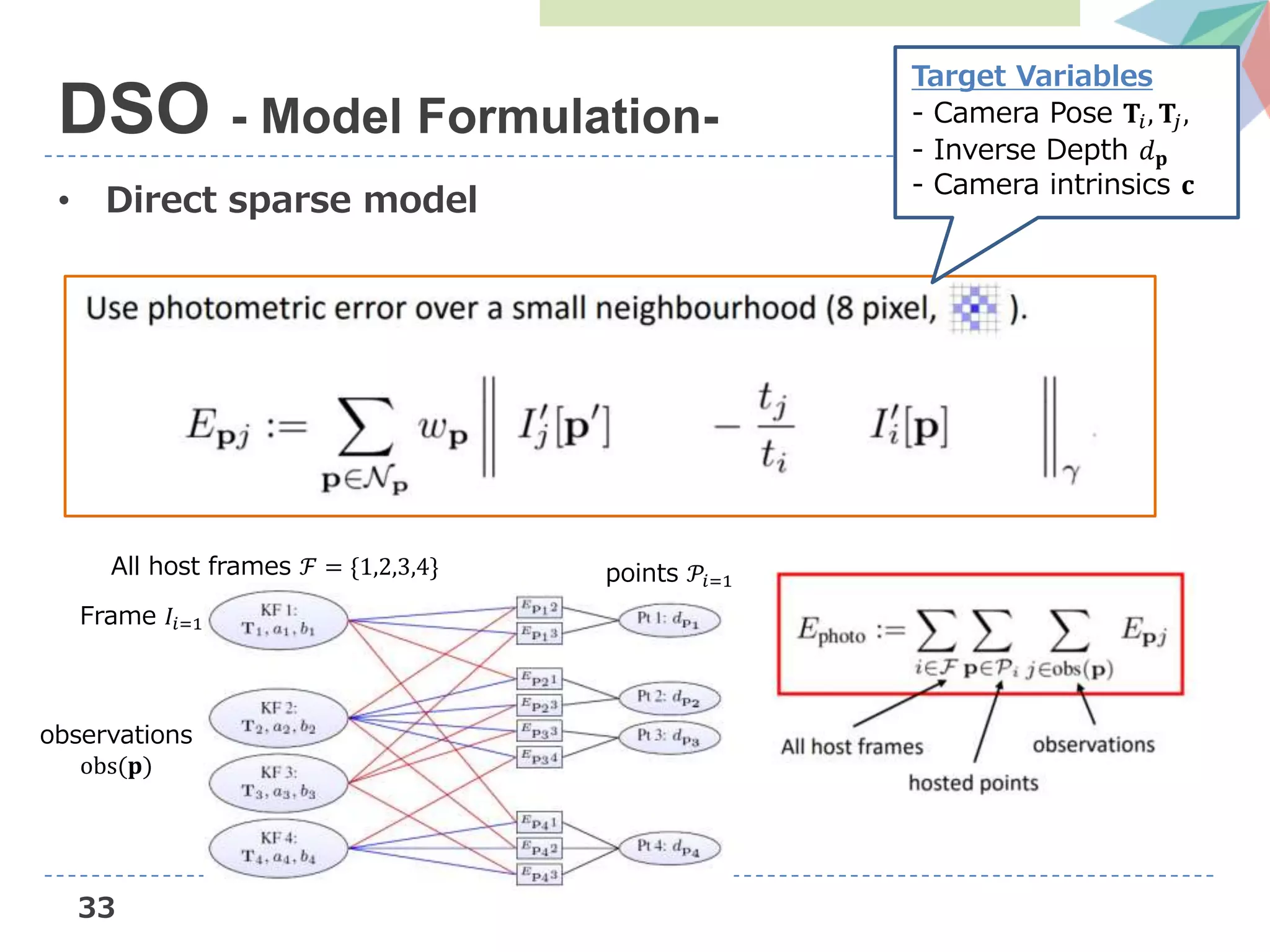33
• Direct sparse model
DSO - Model Formulation-
All host frames ℱ = {1,2,3,4}
Frame 𝐼𝑖=1
points 𝒫𝑖=1
observations
obs(𝐩)
Target Variables
- Camera Pose 𝐓𝑖, 𝐓𝑗,
- Inverse Depth 𝑑 𝐩
- Camera intrinsics 𝐜
 