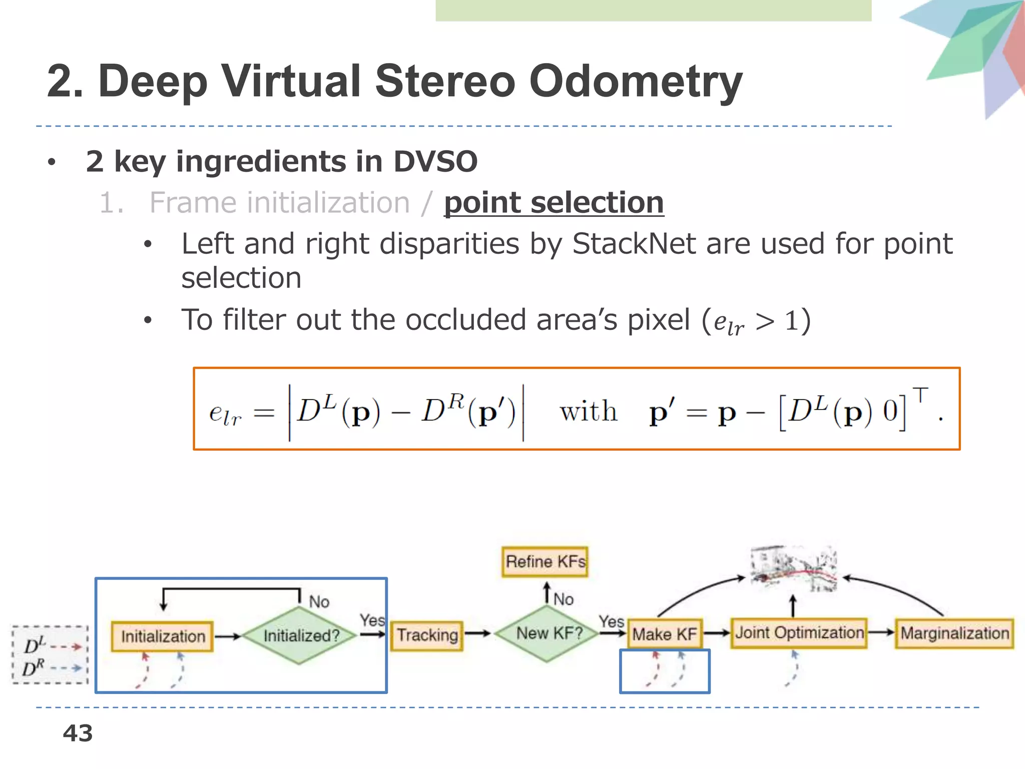 43
• 2 key ingredients in DVSO
1. Frame initialization / point selection
• Left and right disparities by StackNet are used for point
selection
• To filter out the occluded area’s pixel (𝑒𝑙𝑟 > 1)
2. Deep Virtual Stereo Odometry
 