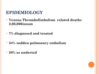EPIDEMIOLOGY
   Venous ThromboEmbolism related deaths
    3,00,000/anum

   7% diagnosed and treated

   34% sudden pulmonary embolism

   59% as undected
 