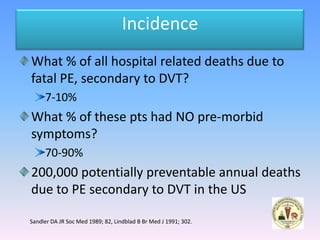 Incidence
What % of all hospital related deaths due to
fatal PE, secondary to DVT?
     7-10%
What % of these pts had NO pre-morbid
symptoms?
     70-90%
200,000 potentially preventable annual deaths
due to PE secondary to DVT in the US

Sandler DA JR Soc Med 1989; 82, Lindblad B Br Med J 1991; 302.
 