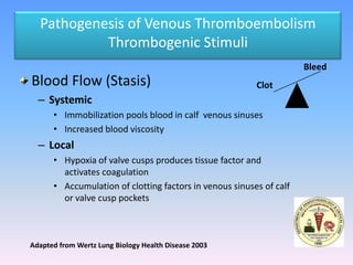 Pathogenesis of Venous Thromboembolism
           Thrombogenic Stimuli
                                                                     Bleed
Blood Flow (Stasis)                                      Clot
  – Systemic
      • Immobilization pools blood in calf venous sinuses
      • Increased blood viscosity
  – Local
      • Hypoxia of valve cusps produces tissue factor and
        activates coagulation
      • Accumulation of clotting factors in venous sinuses of calf
        or valve cusp pockets



Adapted from Wertz Lung Biology Health Disease 2003
 