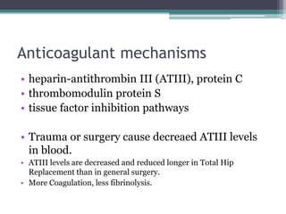 Anticoagulant mechanisms 
• heparin-antithrombin III (ATIII), protein C 
• thrombomodulin protein S 
• tissue factor inhibition pathways 
• Trauma or surgery cause decreaed ATIII levels 
in blood. 
• ATIII levels are decreased and reduced longer in Total Hip 
Replacement than in general surgery. 
• More Coagulation, less fibrinolysis. 
 