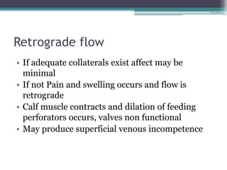 Retrograde flow 
• If adequate collaterals exist affect may be 
minimal 
• If not Pain and swelling occurs and flow is 
retrograde 
• Calf muscle contracts and dilation of feeding 
perforators occurs, valves non functional 
• May produce superficial venous incompetence 
 
