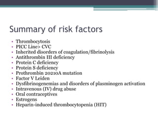 Summary of risk factors 
• Thrombocytosis 
• PICC Line> CVC 
• Inherited disorders of coagulation/fibrinolysis 
• Antithrombin III deficiency 
• Protein C deficiency 
• Protein S deficiency 
• Prothrombin 20210A mutation 
• Factor V Leiden 
• Dysfibrinogenemias and disorders of plasminogen activation 
• Intravenous (IV) drug abuse 
• Oral contraceptives 
• Estrogens 
• Heparin-induced thrombocytopenia (HIT) 
 