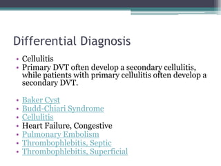Differential Diagnosis 
• Cellulitis 
• Primary DVT often develop a secondary cellulitis, 
while patients with primary cellulitis often develop a 
secondary DVT. 
• Baker Cyst 
• Budd-Chiari Syndrome 
• Cellulitis 
• Heart Failure, Congestive 
• Pulmonary Embolism 
• Thrombophlebitis, Septic 
• Thrombophlebitis, Superficial 
 