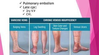  Pulmonary embolism
 Late cpc:
 2ry V.V
 CVI.
 