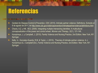 Referencias
Centers for Disease Control & Prevention, CDC (2010). Intimate partner violence: Definitions. Extraído el
8 de agosto de 2011, de http://www.cdc.gov/violenceprevention/intimatepartnerviolence/definitions.html
Chavis, A.Z. y Hill , M.S. (2009). Integrating multiple intersecting identities: A multicultural
conceptualization of the power and control wheel. Women and Therapy, 32(1), 121-149.
Humphreys, J. y Campbell, J. (2010). Family Violence and Nursing Practice, 2nd Edition. New York, NY:
Springer.
Kelly, U., Gonzalez-Guarda, R.M. & Taylor, J. (2010). Theories of intimate partner violence. In J.
Humphreys & J. Campbell (Ed.), Family Violence and Nursing Practice, 2nd Edition. New York, NY:
Springer.
 