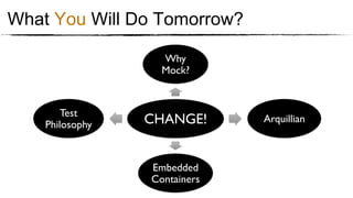 What You Will Do Tomorrow?

                       Why
                       Mock?	



        Test
    Philosophy	

   CHANGE!	

       Arquillian	




                     Embedded
                     Containers	

 