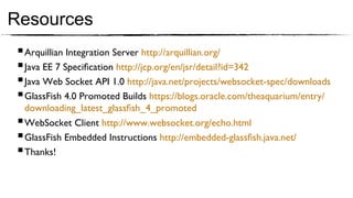 Resources
 § Arquillian Integration Server http://arquillian.org/	

 § Java EE 7 Speciﬁcation http://jcp.org/en/jsr/detail?id=342	

 § Java Web Socket API 1.0 http://java.net/projects/websocket-spec/downloads 	

 § GlassFish 4.0 Promoted Builds https://blogs.oracle.com/theaquarium/entry/
    downloading_latest_glassﬁsh_4_promoted	

 § WebSocket Client http://www.websocket.org/echo.html	

 § GlassFish Embedded Instructions http://embedded-glassﬁsh.java.net/	

 § Thanks! 	

 