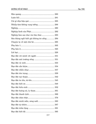 ÑÖÔØNG VEÀ XÖÙ PHAÄT Tập VIII
217
Haøo quang............................................................... 280
Luaân hoài.................................................................. 281
Caùi gì chòu haäu quaû ................................................ 285
Nhieáp taâm khoâng voïng töôûng ............................... 288
Nghieäp..................................................................... 290
Nghieäp laønh cuûa Phaät............................................ 292
Nghieäp laøm sao chui vaøo baøo thai ........................ 293
Saùu thaùng ngoài kieát giaø khoâng aên uoáng .............. 294
Chuyeän laï veà moät chuù beù....................................... 295
Phuï baûn 1................................................................ 305
Phuï baûn 2................................................................ 325
Lôøi baït..................................................................... 228
Ñaïo ñöùc vôùi mình vôùi ngöôøi .................................. 331
Ñaïo ñöùc moâi tröôøng soáng ...................................... 331
Ñaïo ñöùc veä sinh...................................................... 333
Ñaïo ñöùc caàn kieäm................................................... 334
Ñaïo ñöùc nhaãn nhuïc ................................................ 337
Ñaïo ñöùc toân troïng .................................................. 339
Ñaïo ñöùc tuyø thuaän.................................................. 342
Ñaïo ñöùc oân toàn, töø toán........................................... 345
Ñaïo ñöùc bieát ôn ...................................................... 348
Ñaïo ñöùc hieáu sinh .................................................. 352
Ñaïo ñöùc buoâng xaû, ly tham.................................... 361
Ñaïo ñöùc thanh tònh................................................ 369
Ñaïo ñöùc chaân thaät.................................................. 376
Ñaïo ñöùc minh maãn, saùng suoát .............................. 380
Ñaïo ñöùc töï nhieân.................................................... 387
Ñaïo ñöùc traàm laëng ................................................. 391
Ñaïo ñöùc bieát ñuû ...................................................... 395
 