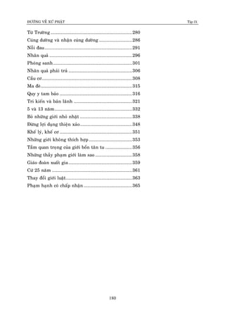 ÑÖÔØNG VEÀ XÖÙ PHAÄT Tập IX
180
Töø Tröôøng ................................................................280
Cuùng döôøng vaø nhaän cuùng döôøng ..........................286
Noãi ñau.....................................................................291
Nhaân quaû .................................................................296
Phoùng sanh..............................................................301
Nhaân quaû phaûi traû ..................................................306
Caàu cô.......................................................................308
Ma ñeø........................................................................315
Quy y tam baûo .........................................................316
Tri kieán vaø baûn laõnh ..............................................321
5 vaø 13 naêm.............................................................332
Boû nhöõng giôùi nhoû nhaët .........................................338
Ñöøng lôïi duïng thieän xaûo.........................................348
Kheá lyù, kheá cô .........................................................351
Nhöõng giôùi khoâng thích hôïp..................................353
Taàm quan troïng cuûa giôùi boån taân tu .....................356
Nhöõng thaày phaïm giôùi laøm sao .............................358
Giaùo ñoaøn xuaát gia..................................................359
Cöù 25 naêm ...............................................................361
Thay ñoåi giôùi luaät....................................................363
Phaïm haïnh coù chaáp nhaän ......................................365
 