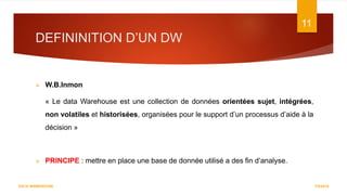 DEFININITION D’UN DW
 W.B.Inmon
« Le data Warehouse est une collection de données orientées sujet, intégrées,
non volatiles et historisées, organisées pour le support d’un processus d’aide à la
décision »
 PRINCIPE : mettre en place une base de donnée utilisé a des fin d’analyse.
7/5/2016
11
DATA WAREHOUSE
 