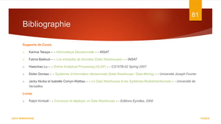 Bibliographie
Supports de Cours
 Karima Tekaya – « Informatique Décisionnelle » - INSAT
 Fatma Baklouti – « Les entrepôts de données (Data Warehouses) » - INSAT
 Hweichao Lu – « Online Analytical Processing (OLAP) » - CS157B-02 Spring 2007
 Didier Donsez – « Systèmes d’information décisionnels (Data Warehouse / Data Mining) » - Université Joseph Fourier
 Jacky Akoka et Isabelle Comyn-Wattiau – « Le Data Warehouse et les Systèmes Multidimentionnels » - Université de
Versailles
Livres
 Ralph Kimball - « Concevoir et déployer un Data Warehouse » - Editions Eyrolles, 2000
7/5/2016
81
DATA WAREHOUSE
 
