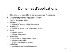 Domaines d'applications
Domaines d applications
Dét i t t ôl l f d l’ t i
• Déterminer et contrôler la performance de l’entreprise
• Mesurer et gérer les risques financiers.
• Planifier la stratégie Achat
Planifier la stratégie Achat.
• Banque
– Risques d’un prêt, prime plus précise
• Assurance
Assurance
– Risque lié à un contrat d’assurance (voiture)
• Santé
– Épidémiologie
Épidémiologie
– Risque alimentaire
• Marketing
– Améliorer la connaissance client
Améliorer la connaissance client
– Ciblage de clientèle
– Déterminer des promotions
• Logistique
Logistique
– Adéquation demande/production
8
 