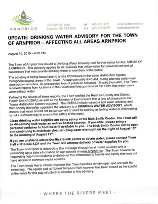 Arnprior water advisory extension news release